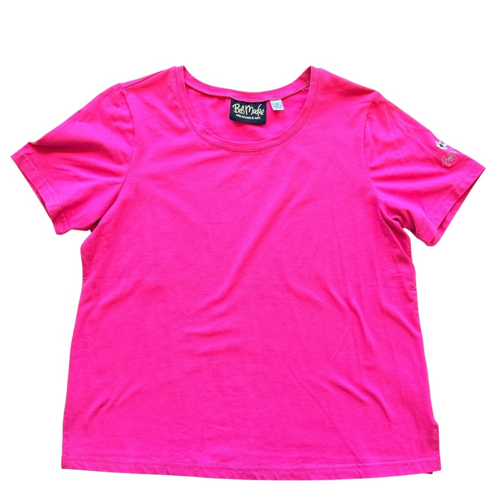 Bob Mackie Women Embroidered Flower Short Sleeve T-Shirt S Hot Pink Wearable Art - Picture 10 of 13